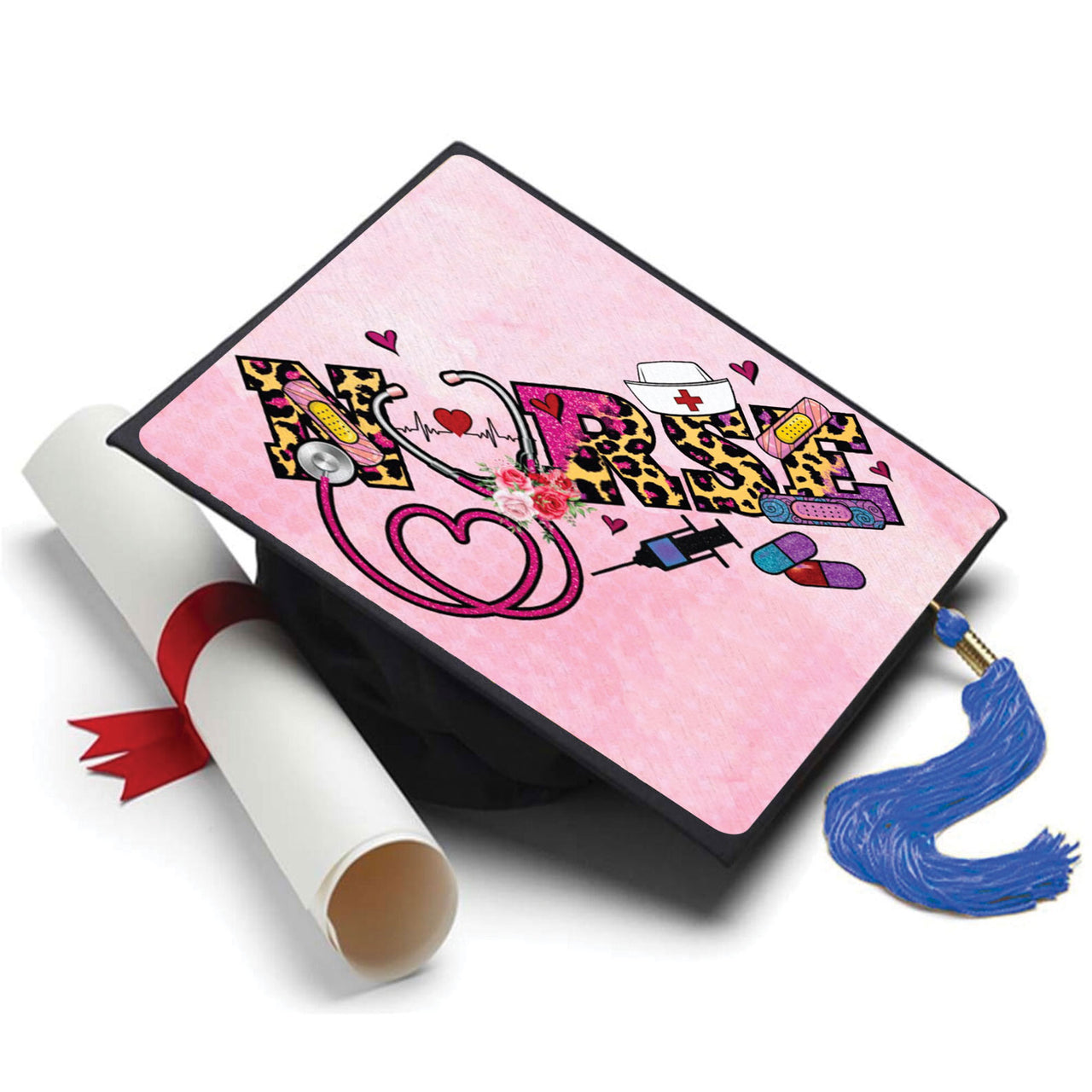 Nurse Pink Background Grad Cap Topper - Tassel Toppers - Professionally Decorated Grad Caps