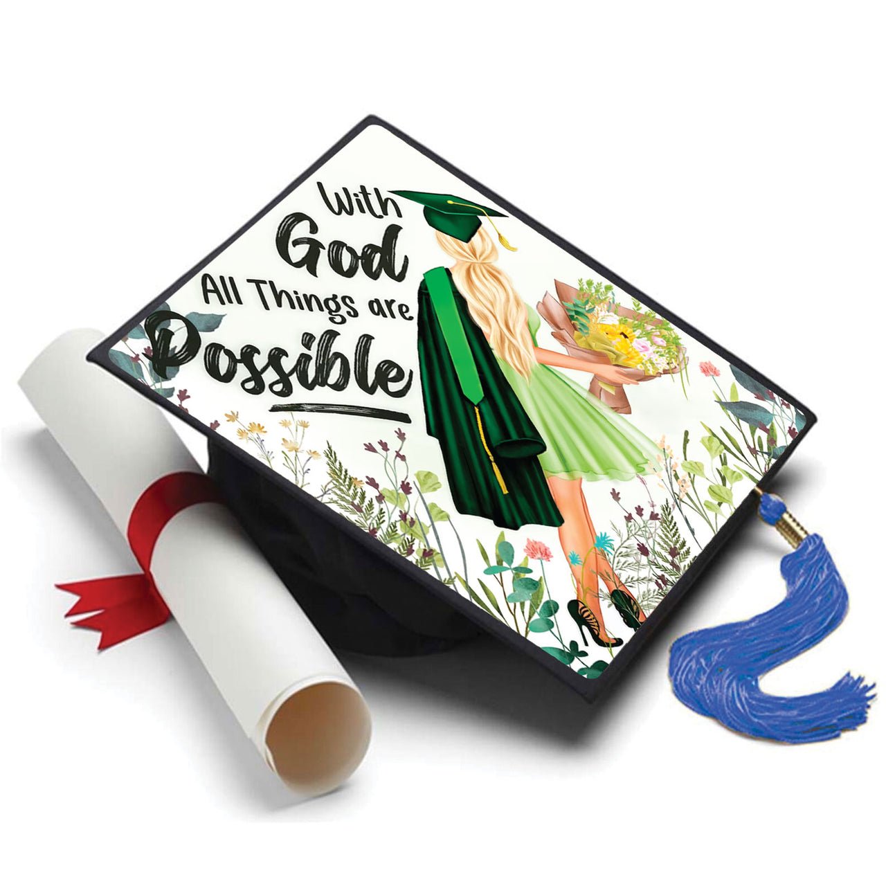 With God All Things are Possible Grad Cap Topper - Tassel Toppers - Professionally Decorated Grad Caps