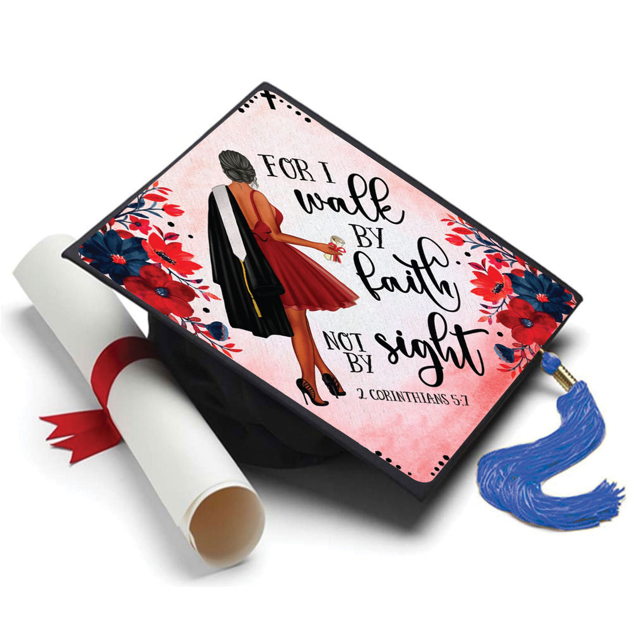 Walk by Faith Not Sight Grad Cap Topper - Tassel Toppers - Professionally Decorated Grad Caps