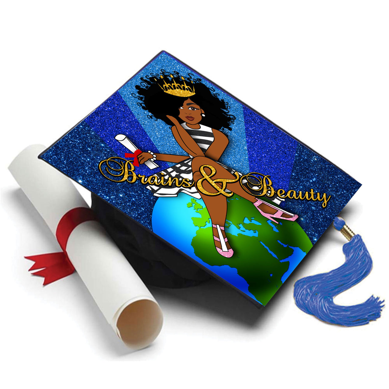 Graduation Cap Topper ™  - Black Queen - Brains and Beauty - Tassel Topper - Tassel Toppers - Professionally Decorated Grad Caps