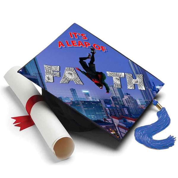 Spiderman Leap of Faith Grad Cap Topper, Grad Hat Design - Tassel Toppers - Professionally Decorated Grad Caps