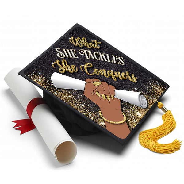 What She Tackles - Black Queen - Grad Cap Tassel Topper - Tassel Toppers - Professionally Decorated Grad Caps